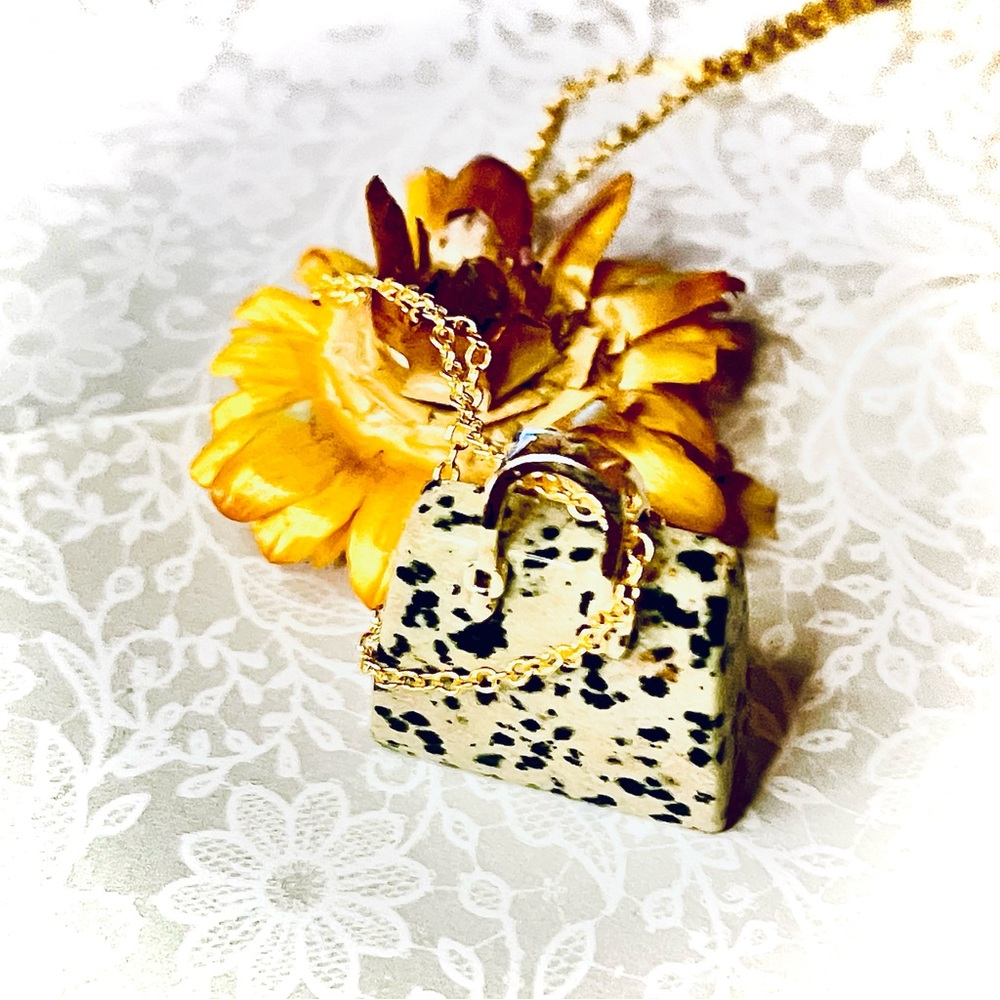 New Artisan 14k Gold Lady Christian Dior Dalmatian Jasper Handbag Necklace - Picture 15 of 17